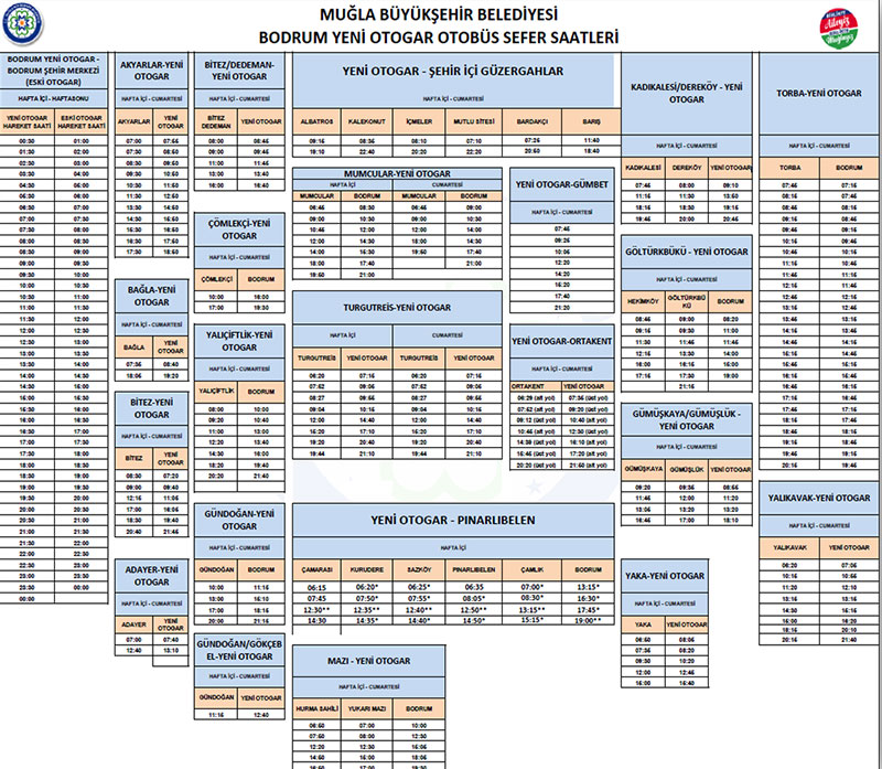 Yeni Bodrum Otogarı toplu taşıma sefer saatleri, Haziran 2021 - GHA