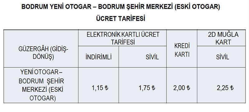 Yeni Bodrum Otogarı MBB toplu taşıma ücret tarifesi