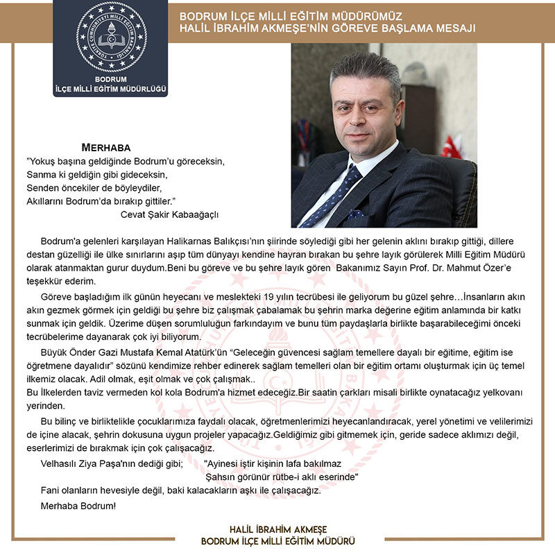Bodrum İlçe Milli Eğitim Müdürü Halil İbrahim Akmeşe mesaj, Eylül 2021 - GHA