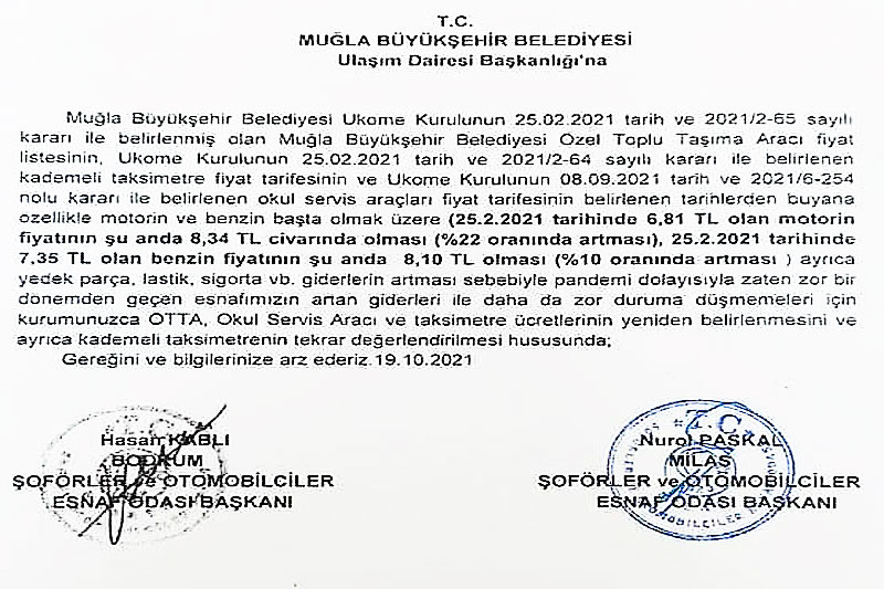 Bodrum Şoförler Odası zam talebi dilekçesi, EKim 2021 - GHA