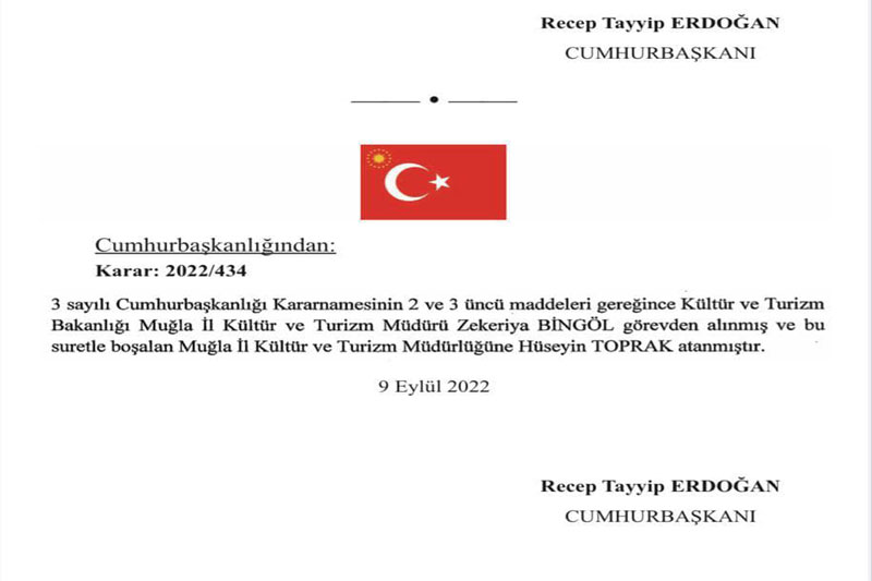 Muğla İl Kültür ve Turizm Müdürlüğü atama kararnamesi, Resmi Gazete, 09.09.2022