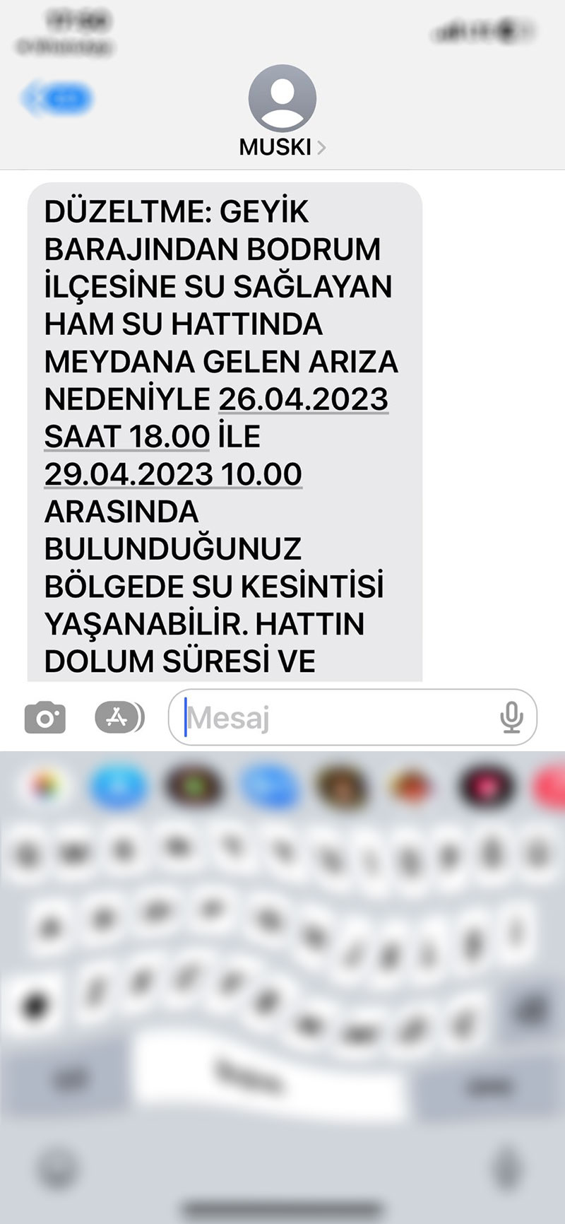 MUSKI, SMS, Bodrum su kesintisi