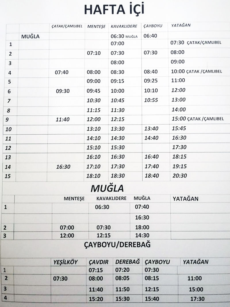 Menteşe, Kavaklıdere, Yatağan, Muğla dolmuş saatleri