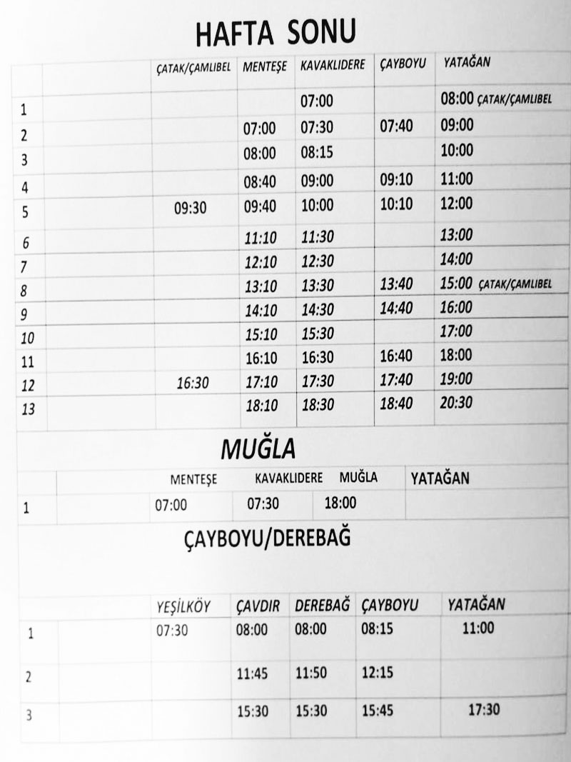 Menteşe, Kavaklıdere, Yatağan, Muğla dolmuş saatleri hafta sonu
