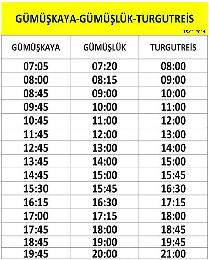 Gümüşlük, Gümüşkaya, Turgutreis dolmuş saatleri