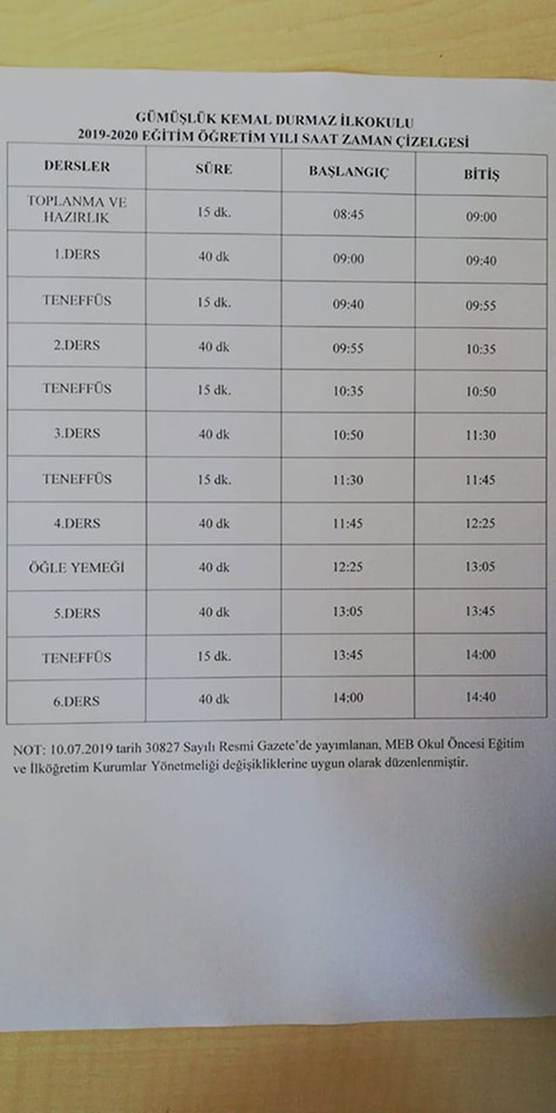 Gümüşlük Kemal Durmaz İlkokulu'nun 2019 - 2020 eğitim öğretim yılı zaman çizelgesi