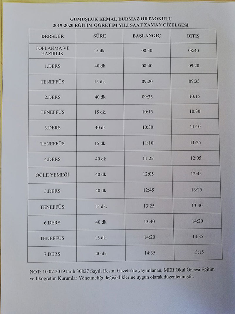 Gümüşlük Kemal Durmaz Ortaokulu'nun 2019 - 2020 eğitim öğretim yılı zaman çizelgesi