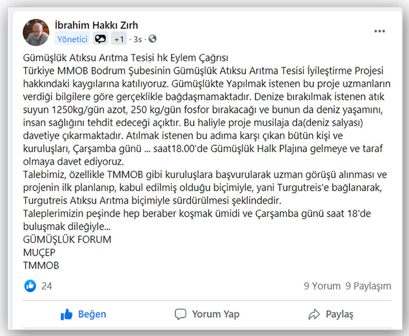 Gümüşlük terfi istasyonu eylem çağrısı