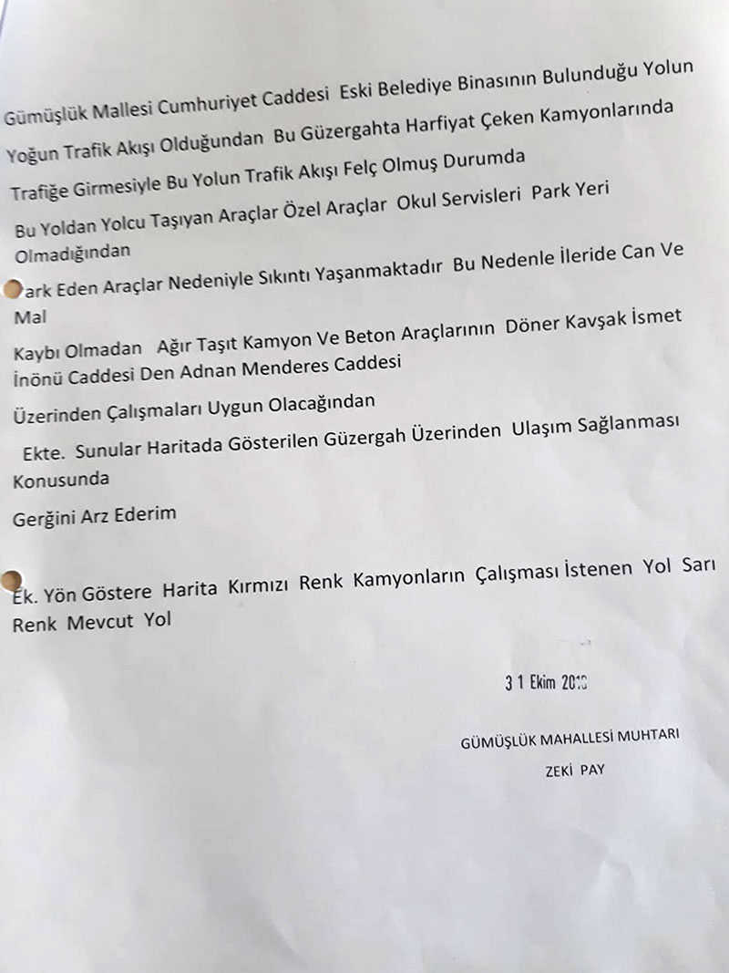 Gümüşlük mahalle muhatrı Zeki Pay'ın talebi