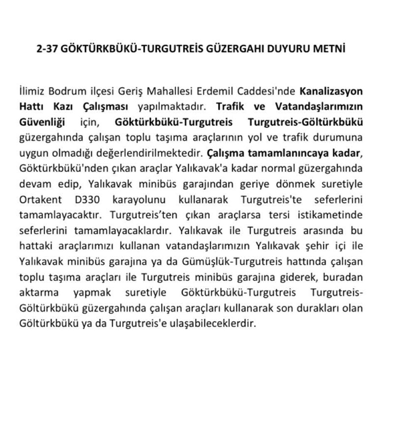 Göltürkbükü - Turgutreis dolmuş güzergah değişikliği