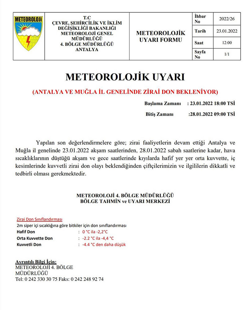 Meteoroloji Genel Müdürlüğü, 4. Bölge Müdürlüğü don uyarısı 23 Ocak 2022