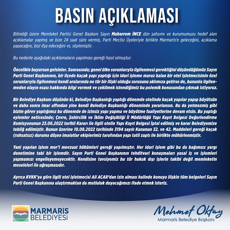Marmaris Belediye Başkanı Mehmet Oktay yazılı bir açıklama yayınladı