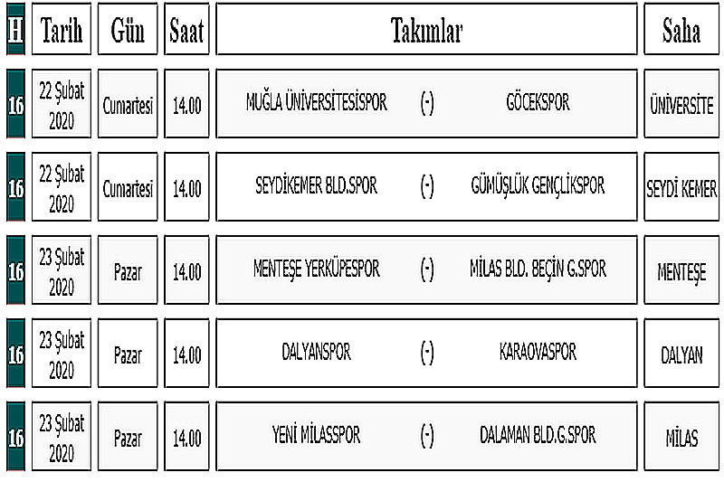 Muğla Süper Amatör Küme 16. hafta maçları