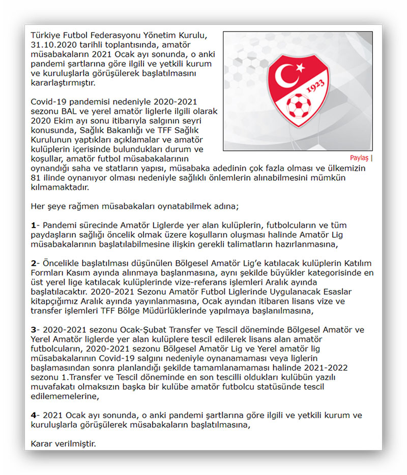 Türkiye Futbol Federasyonu (TFF) Bölgesel Amatör Lig ve Yerel amatör liglerle ilgili kararı