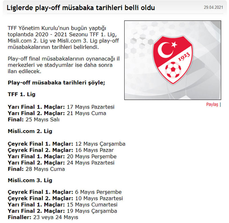 TFF Play-Off maç tarihleri