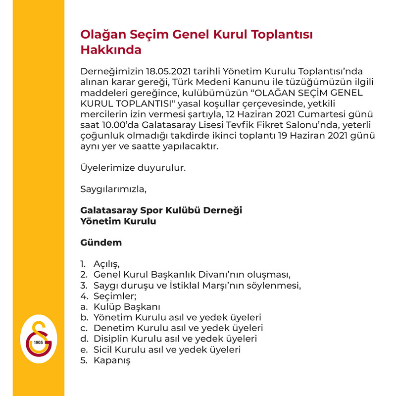 Galatasaray, Olağan Genel Kurulu'nun 12 Haziran'da yapılacak