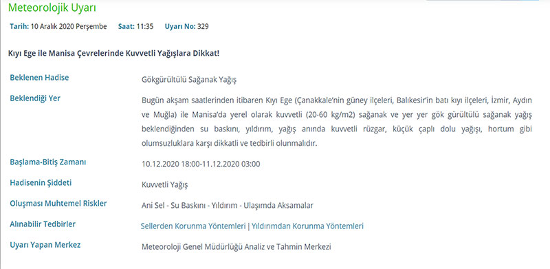 MUĞLA DİKKAT fırtına, sağanak yağmur ve sel uyarısı 10 Aralık 2020 2