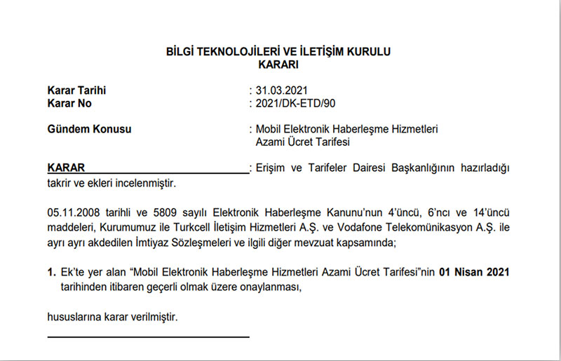 BTK’nın Erişim ve Tarifeler Dairesi Başkanlığı tarafından hazırlanan kurul kararı sayfa 1