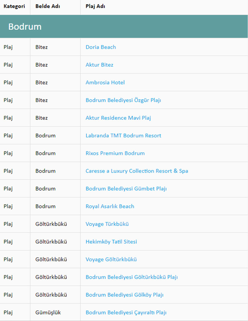 2021 Bodrum Mavi Bayraklı Plajlar - Kaynak: TÜRÇEV