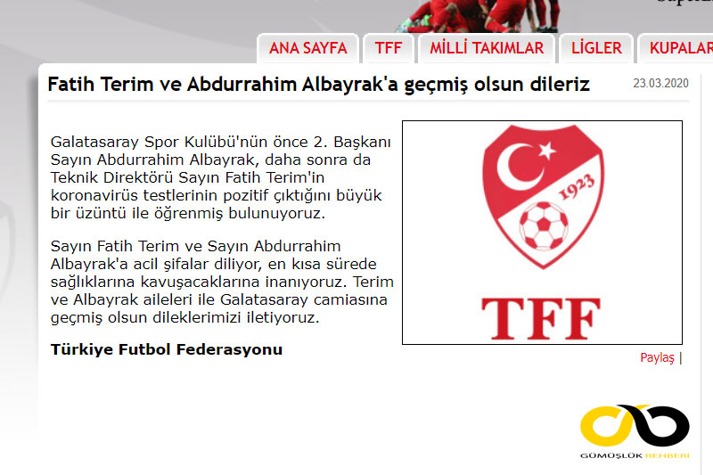 TFF Geçmiş olsun mesajının yayınlandığı web sayfası