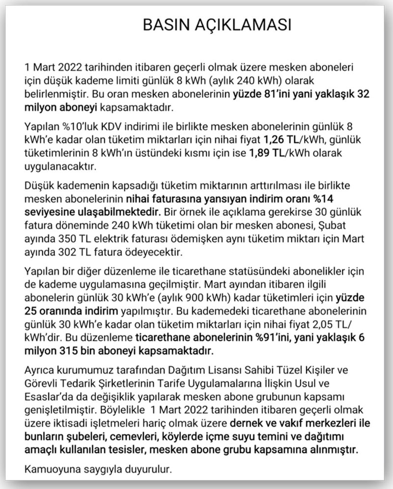 EPDK elektrik tarifesi açıklaması, 01 Mart 2022