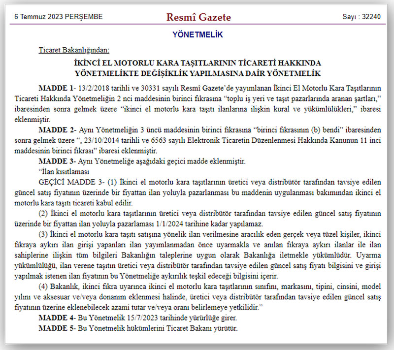 İkinci el motorlu kara taşıtları alım, satım yönetmeliği, 06.07.2023 - Resmi Gazete