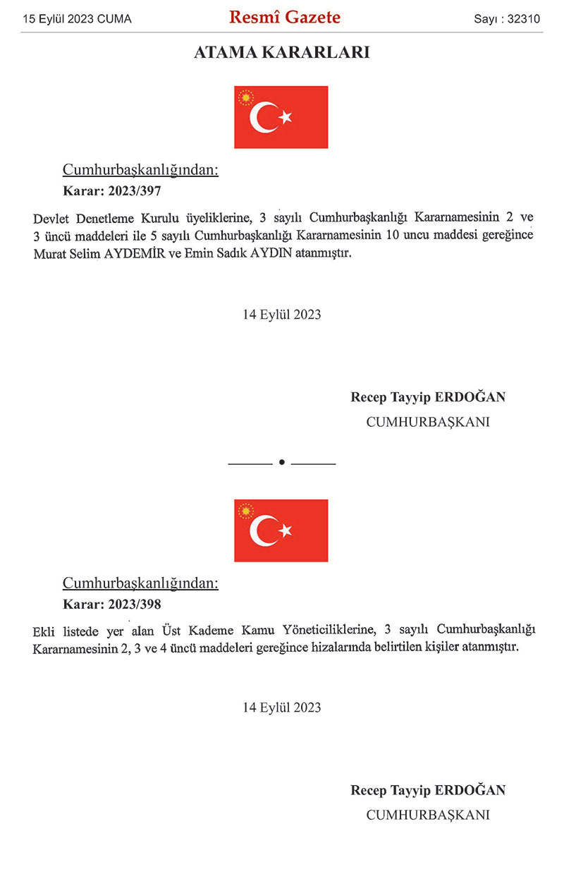 Cumhurbaşkanı Recep Tayyip Erdoğan imzasıyla kamuda görevden almalar ve atamalar yapıldı 1