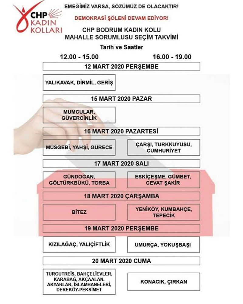 CHP Bodrum Kadın Kolları mahalle sorumlusu seçim takvimi