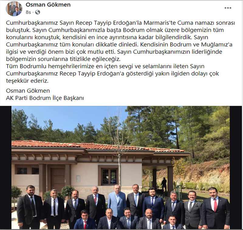 AK PArti Bodrum İlçe Başkanı Osman Gökmen'in paylaşımı, 2 Nisan 2021
