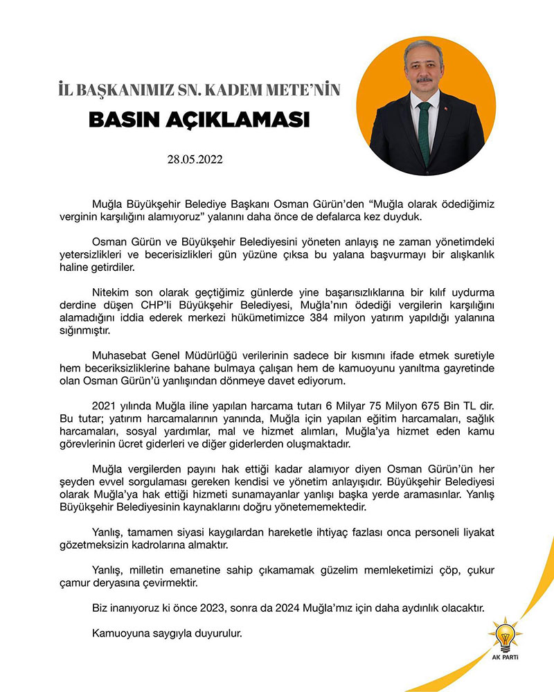 AK Parti Muğla İl Başkanı Kadem Mete'nin açıklaması, 28 Mayıs 2022