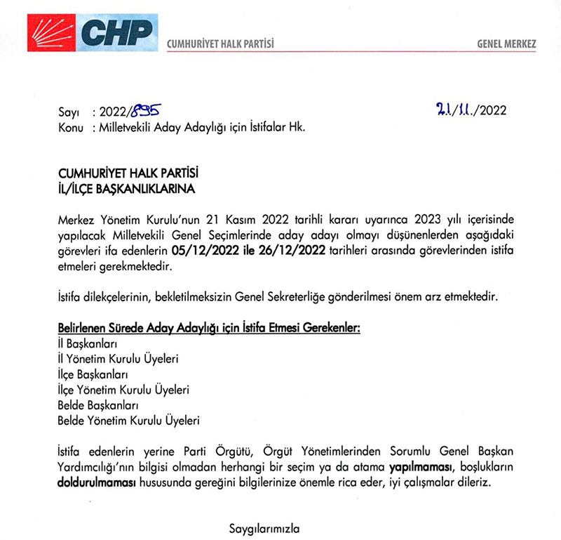 CHP milletvekili adaylığı parti içi genelgesi - 2022
