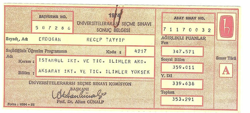 1974'e ait Üniversitelerarası Seçme Sınavı Sonuç Belgesi